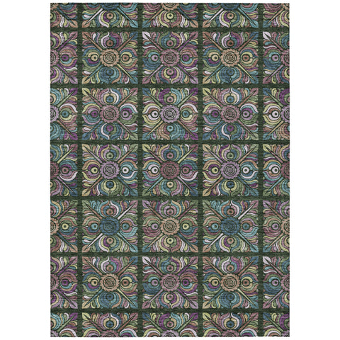 8' X 10' Fern Green Purple And Teal Blue Medallion Washable Indoor Outdoor Area Rug