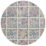 8' Ivory Purple And Teal Blue Round Medallion Washable Indoor Outdoor Area Rug