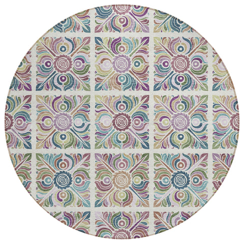 8' Ivory Purple And Teal Blue Round Medallion Washable Indoor Outdoor Area Rug
