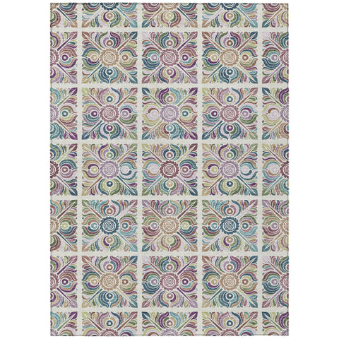 8' X 10' Ivory Purple And Teal Blue Medallion Washable Indoor Outdoor Area Rug