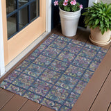 3' X 5' Navy Blue Purple And Teal Blue Medallion Washable Indoor Outdoor Area Rug