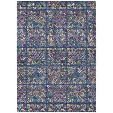 5' X 8' Navy Blue Purple And Teal Blue Medallion Washable Indoor Outdoor Area Rug