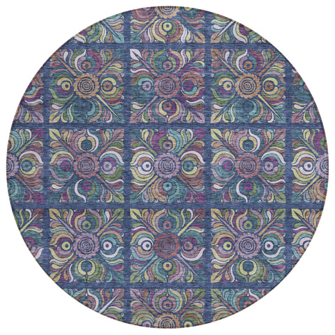 8' Navy Blue Purple And Teal Blue Round Medallion Washable Indoor Outdoor Area Rug
