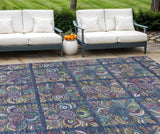 8' X 10' Navy Blue Purple And Teal Blue Medallion Washable Indoor Outdoor Area Rug