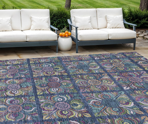 8' X 10' Navy Blue Purple And Teal Blue Medallion Washable Indoor Outdoor Area Rug