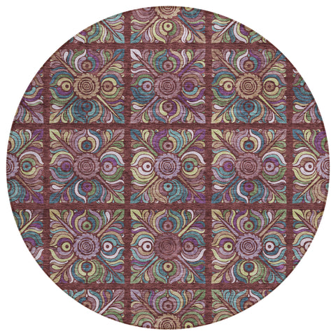 8' Orange Purple And Teal Blue Round Medallion Washable Indoor Outdoor Area Rug