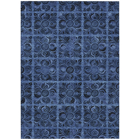 5' X 8' Denim Blue And Charcoal Medallion Washable Indoor Outdoor Area Rug