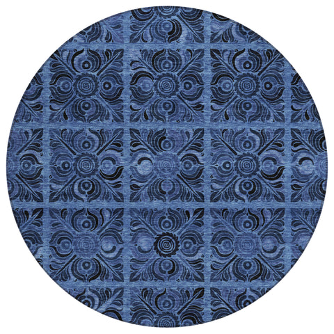8' Denim Blue And Charcoal Round Medallion Washable Indoor Outdoor Area Rug