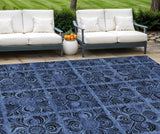 8' X 10' Denim Blue And Charcoal Medallion Washable Indoor Outdoor Area Rug