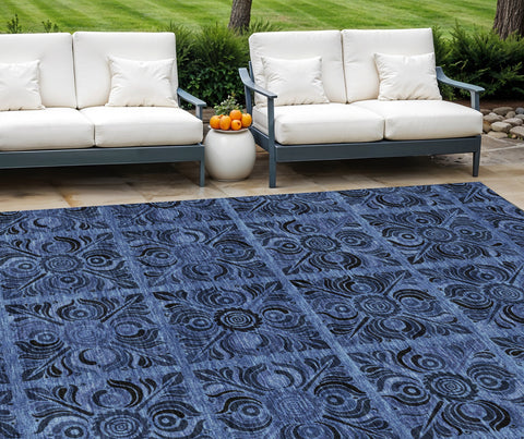 8' X 10' Denim Blue And Charcoal Medallion Washable Indoor Outdoor Area Rug