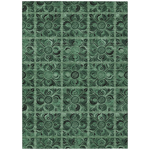 5' X 8' Fern Green And Charcoal Medallion Washable Indoor Outdoor Area Rug
