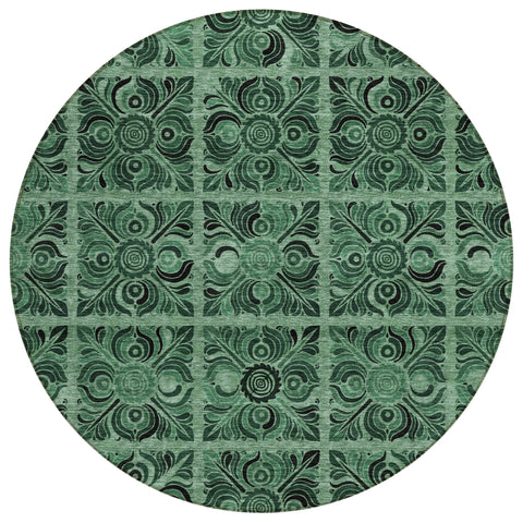 8' Fern Green And Charcoal Round Medallion Washable Indoor Outdoor Area Rug