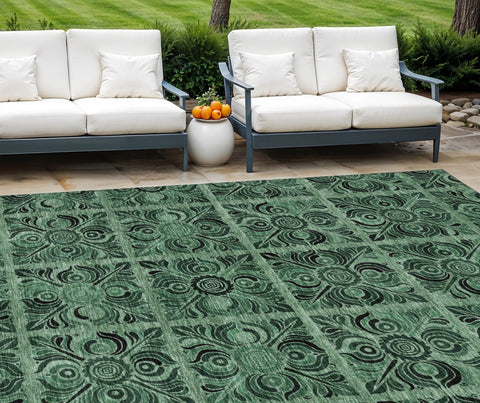 8' X 10' Fern Green And Charcoal Medallion Washable Indoor Outdoor Area Rug