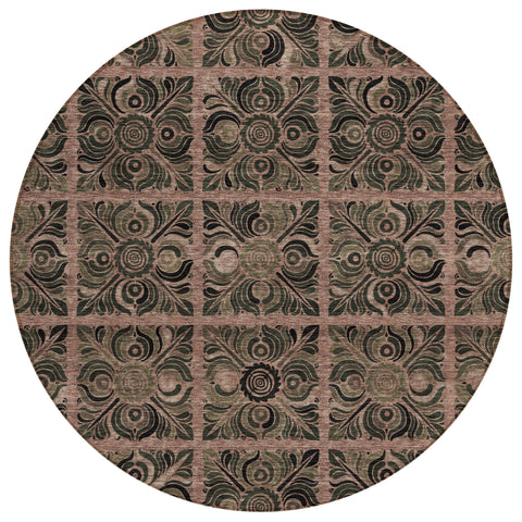 8' Orange Copper And Charcoal Round Medallion Washable Indoor Outdoor Area Rug