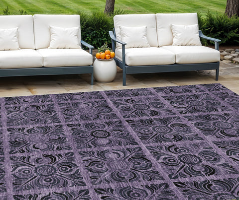 8' X 10' Purple Plum And Charcoal Medallion Washable Indoor Outdoor Area Rug