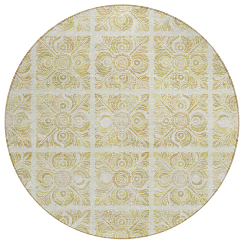 8' Beige And Tan Round Medallion Washable Indoor Outdoor Area Rug