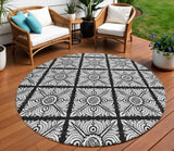 8' Black Ivory And Gray Round Medallion Washable Indoor Outdoor Area Rug