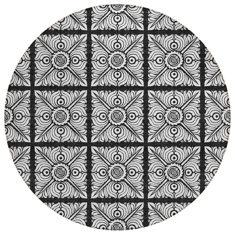 8' Black Ivory And Gray Round Medallion Washable Indoor Outdoor Area Rug