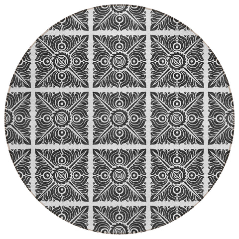 8' Ivory And Black Round Medallion Washable Indoor Outdoor Area Rug