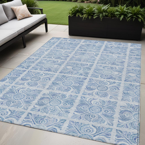 5' X 8' Sky Blue And Denim Blue Medallion Washable Indoor Outdoor Area Rug