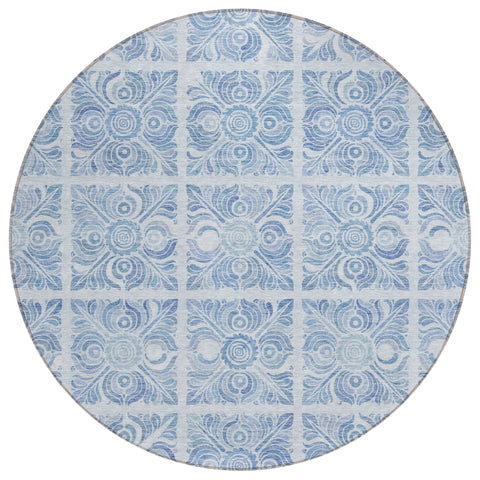 8' Sky Blue And Denim Blue Round Medallion Washable Indoor Outdoor Area Rug