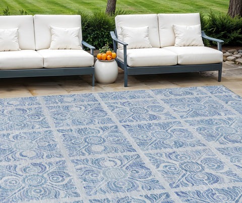 8' X 10' Sky Blue And Denim Blue Medallion Washable Indoor Outdoor Area Rug