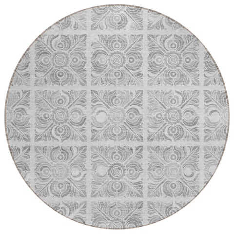 8' Silver And Gray Round Medallion Washable Indoor Outdoor Area Rug