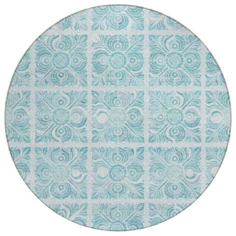 8' Turquoise And Teal Blue Round Medallion Washable Indoor Outdoor Area Rug