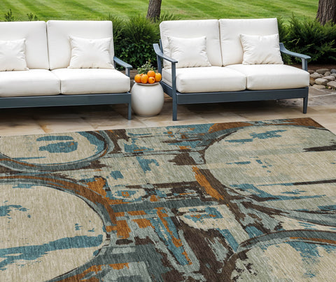 8' X 10' Beige Brown And Copper Geometric Washable Indoor Outdoor Area Rug