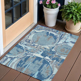 3' X 5' Sky Blue And Denim Blue Geometric Washable Indoor Outdoor Area Rug