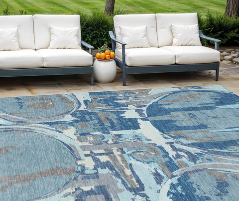 8' X 10' Sky Blue And Denim Blue Geometric Washable Indoor Outdoor Area Rug