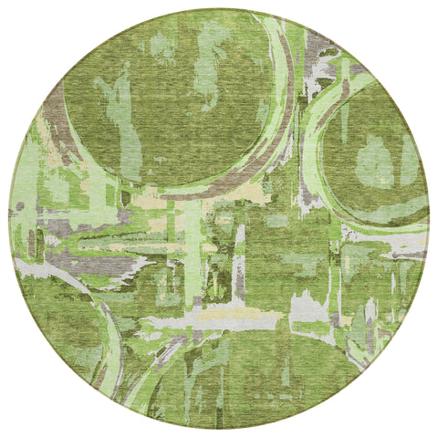 8' Artichoke Green And Fern Green Round Geometric Washable Indoor Outdoor Area Rug