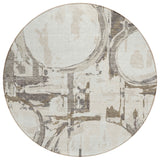 8' Ivory Beige And Taupe Round Geometric Washable Indoor Outdoor Area Rug