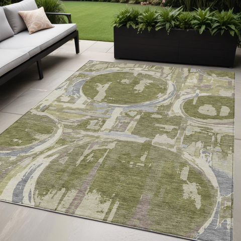 5' X 8' Olive Green Gray And Beige Geometric Washable Indoor Outdoor Area Rug
