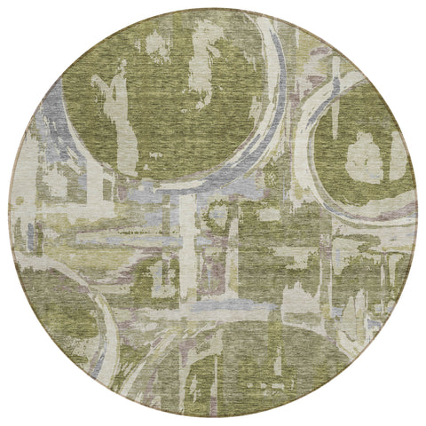 8' Olive Green Gray And Beige Round Geometric Washable Indoor Outdoor Area Rug