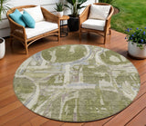 8' Olive Green Gray And Beige Round Geometric Washable Indoor Outdoor Area Rug