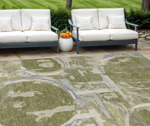 8' X 10' Olive Green Gray And Beige Geometric Washable Indoor Outdoor Area Rug