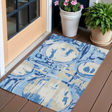 3' X 5' Sky Blue And Denim Blue Geometric Washable Indoor Outdoor Area Rug