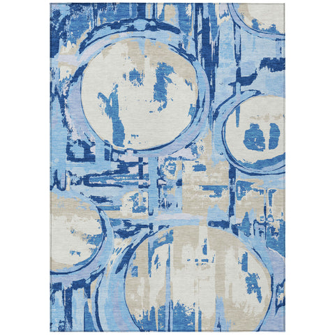 5' X 8' Sky Blue And Denim Blue Geometric Washable Indoor Outdoor Area Rug