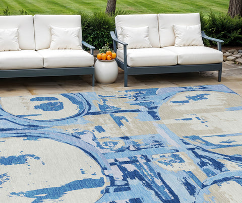 8' X 10' Sky Blue And Denim Blue Geometric Washable Indoor Outdoor Area Rug