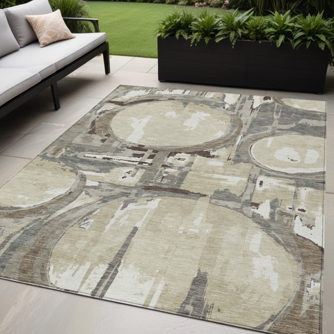 5' X 8' Tan Taupe And Beige Geometric Washable Indoor Outdoor Area Rug