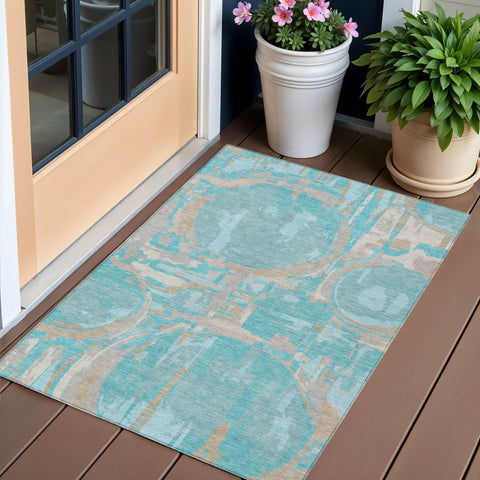 3' X 5' Teal Blue Aqua And Taupe Geometric Washable Indoor Outdoor Area Rug