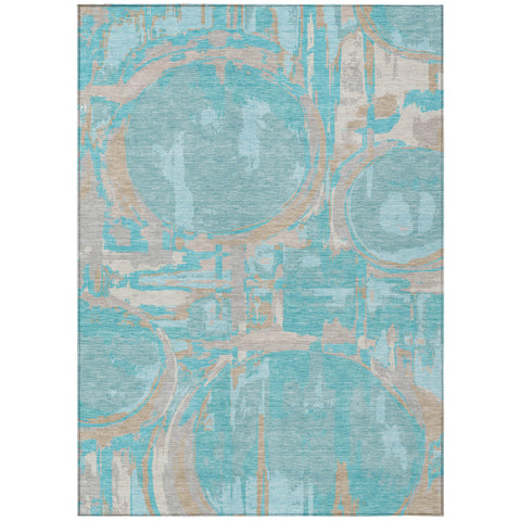 8' X 10' Teal Blue Aqua And Taupe Geometric Washable Indoor Outdoor Area Rug