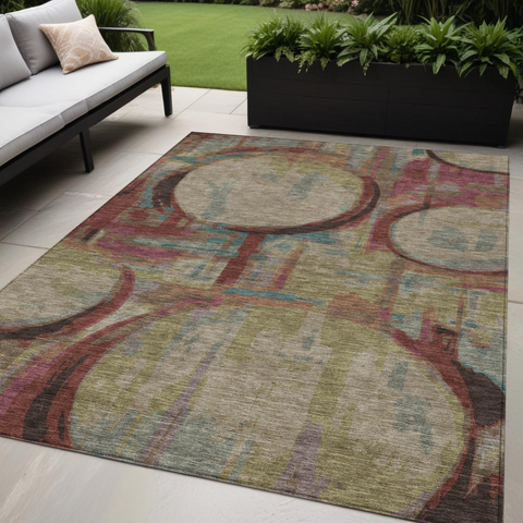 5' X 8' Taupe Beige And Blush Geometric Washable Indoor Outdoor Area Rug