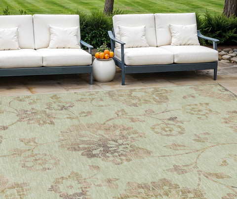 8' X 10' Artichoke Green Mint Green And Taupe Floral Washable Indoor Outdoor Area Rug