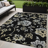 5' X 8' Black Artichoke Green And Silver Floral Washable Indoor Outdoor Area Rug