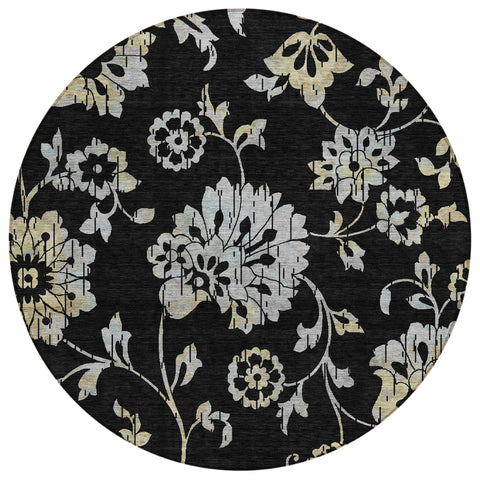 8' Black Artichoke Green And Silver Round Floral Washable Indoor Outdoor Area Rug