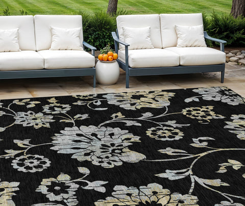 8' X 10' Black Artichoke Green And Silver Floral Washable Indoor Outdoor Area Rug