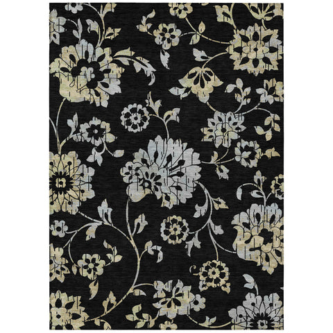 8' X 10' Black Artichoke Green And Silver Floral Washable Indoor Outdoor Area Rug