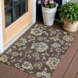 3' X 5' Chocolate Sky Blue And Artichoke Green Floral Washable Indoor Outdoor Area Rug